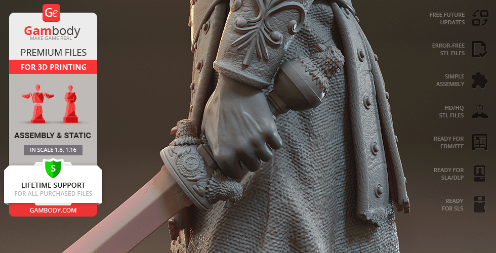 Close-up of a 3D-printed gladiator figure's detailed armor and sword hilt from Gambody.