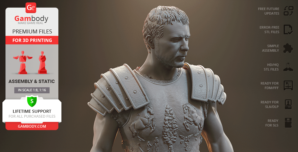 3D printed gladiator figure with detailed armor, available in scale 1:8 and 1:16 on Gambody.