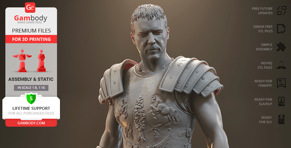 A detailed 3D model of a gladiator wearing armor, available for 3D printing via Gambody.