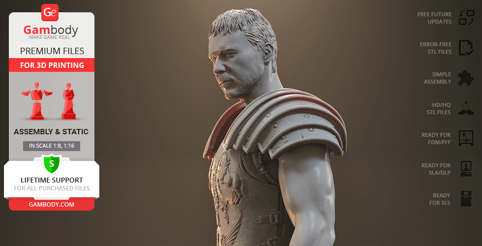 3D model of an armored gladiator figure with detailed shoulder gear, available for 3D printing on Gambody.