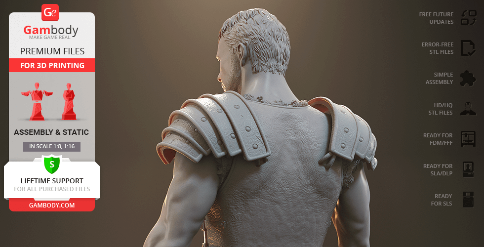 A 3D model of a gladiator with detailed armor, viewed from the back, available for printing.