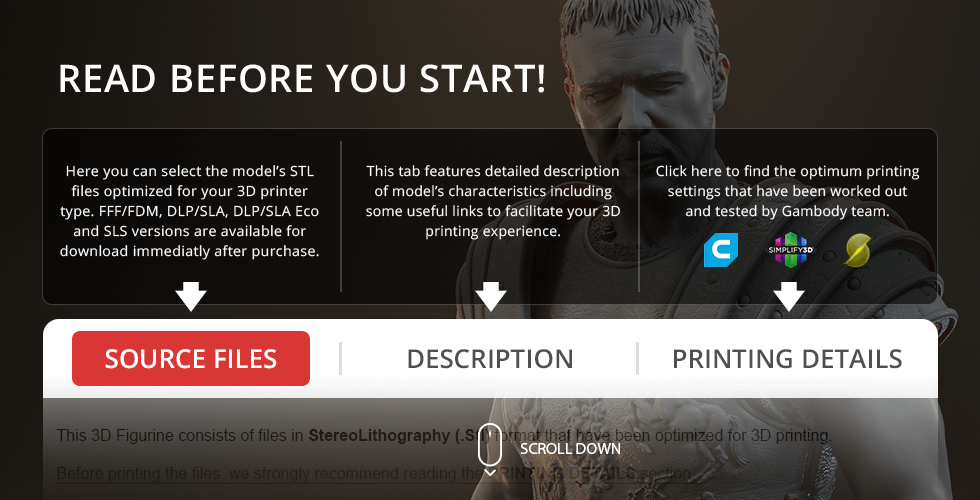 Header with text about 3D printing Gladiator Maximus model, options for files, description, and printing details.