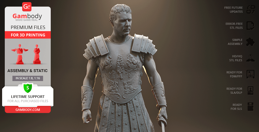 3D model of a gladiator in detailed armor, holding a weapon, designed for 3D printing.