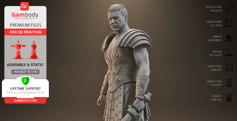 A detailed 3D model of a Roman gladiator in armor, ready for printing.