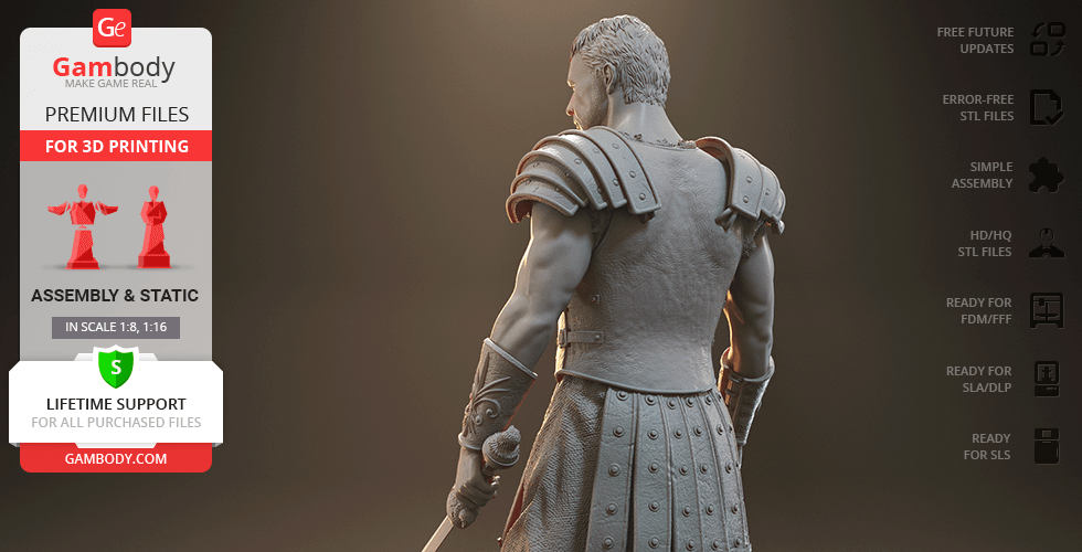 A detailed 3D model of a gladiator in armor, viewed from the back, ready for printing.