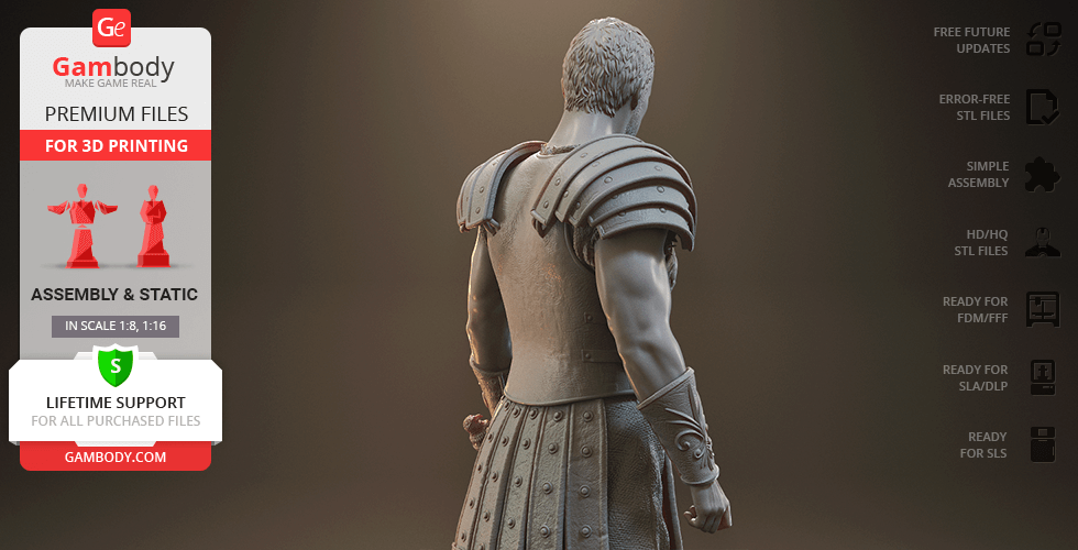 A detailed 3D model of a gladiator in armor, viewed from the back.