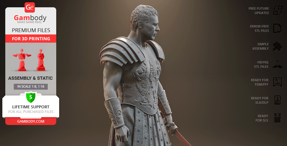 A detailed 3D model of a gladiator in armor, ready for printing, with assembly options.