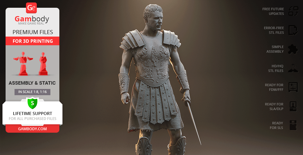 3D model of a gladiator in armor holding a sword, designed for 3D printing, shown in a dramatic light.