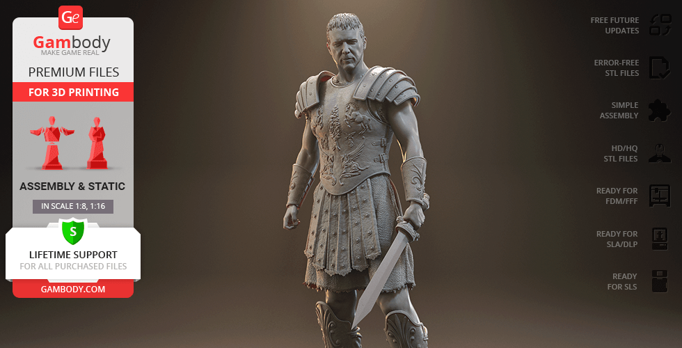 A detailed 3D model of a gladiator in armor holding a sword, available for 3D printing.