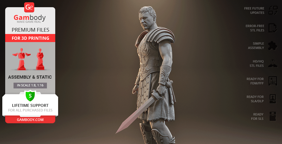 3D model of a detailed gladiator in armor, holding a sword, ready for 3D printing.