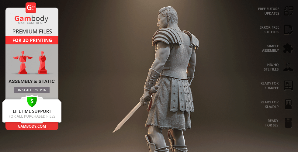 A 3D model of a gladiator in detailed armor, viewed from the back, ready for printing.