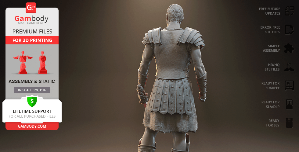 3D model of a gladiator in armor, viewed from behind, with detailed textures for 3D printing.