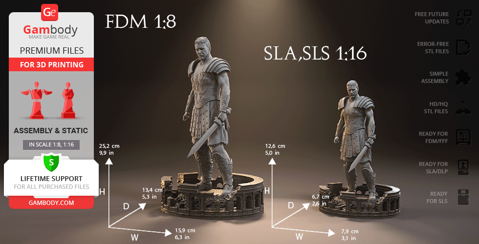 3D printed Gladiator Maximus figure on a detailed base, shown in two scales: 1:8 and 1:16.