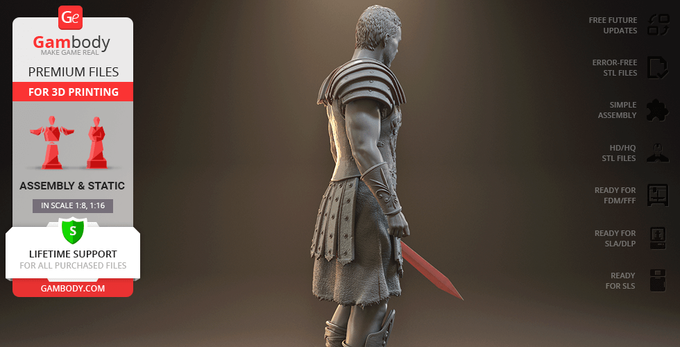 A gladiator in armor holding a sword, with promotional text for 3D printing files on the side.