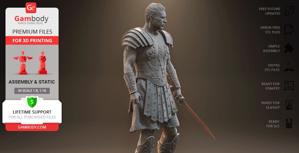 A detailed 3D model of a Roman gladiator holding a sword, with intricate armor and a strong stance.