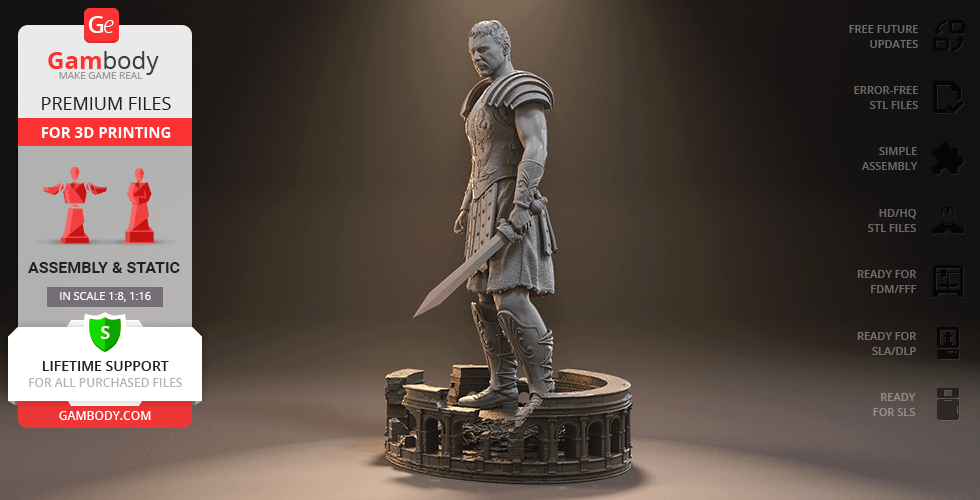 A 3D printed gladiator figure in armor stands on a detailed circular base, holding a sword.