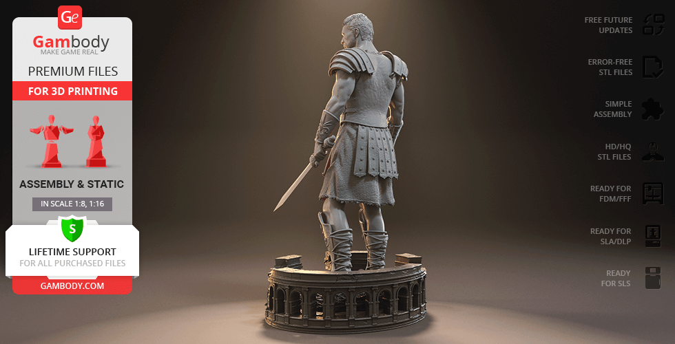 A detailed 3D model of a gladiator holding a sword, standing on a round, coliseum-themed base.