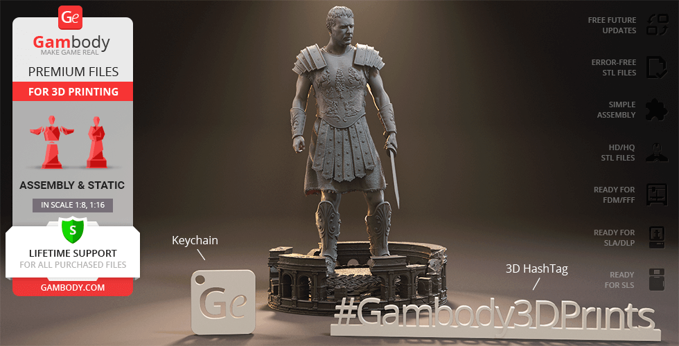 3D model of a gladiator in armor with sword, standing on a detailed base for printing.