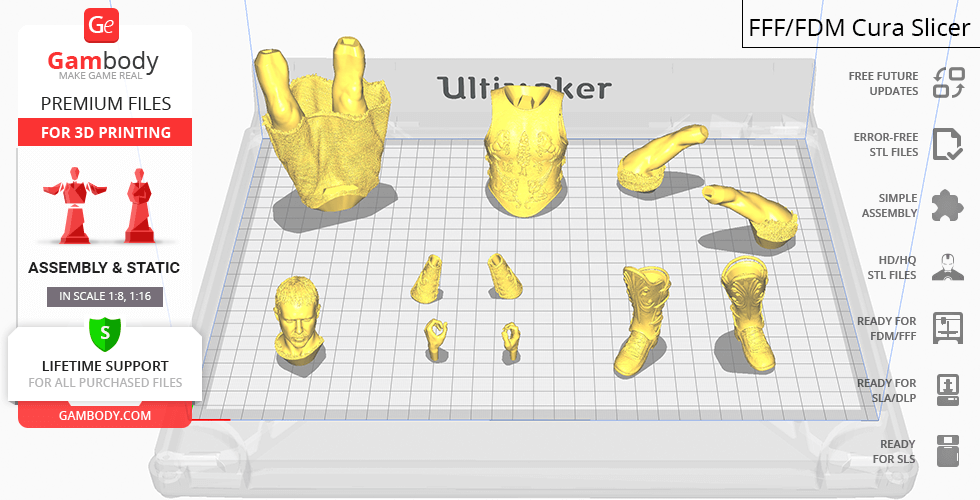 Yellow 3D printable parts of a gladiator figure, including head, arms, and torso, on a grid background.