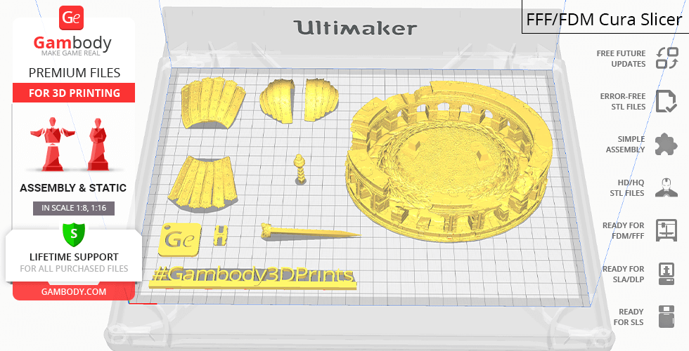 STL parts for 3D printing Gladiator Maximus model on Cura slicer bed.