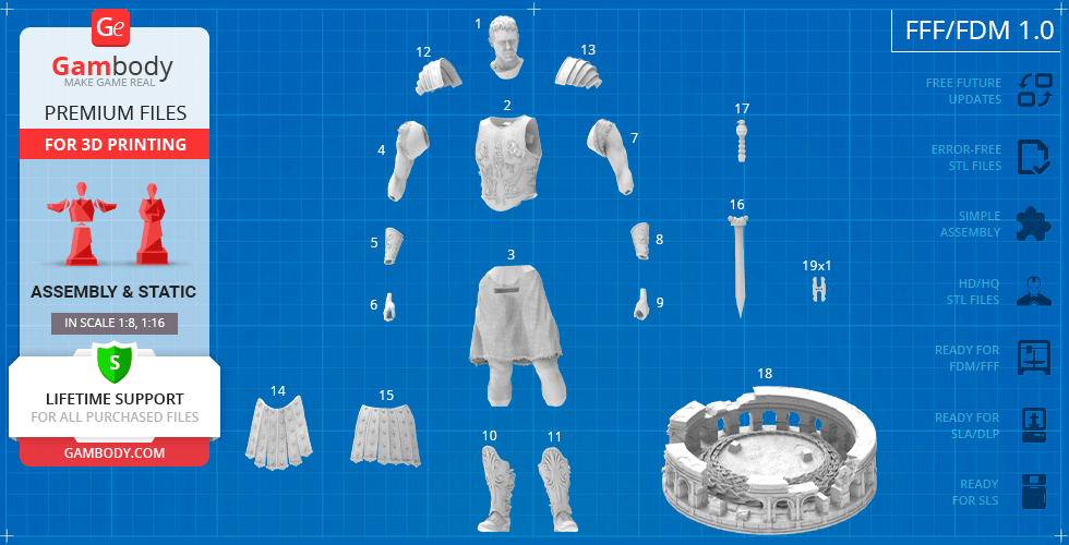 3D printable parts of a gladiator figure and a small Colosseum model, labeled for assembly.