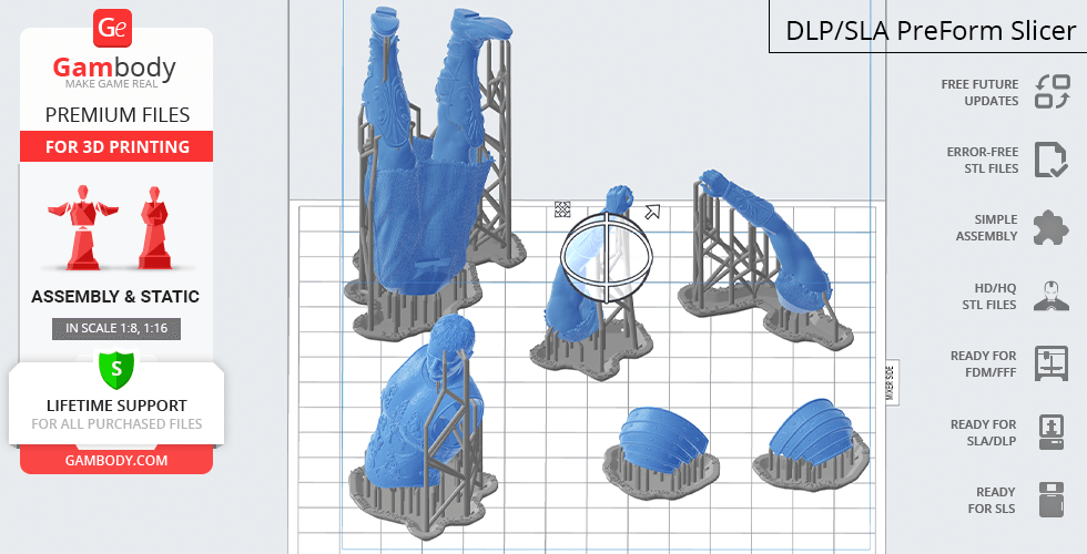 3D printed parts of a gladiator figure with support structures on a grid platform.