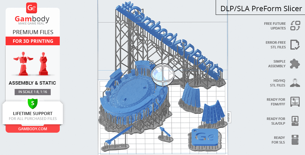 3D model parts for printing Gladiator Maximus, featuring labeled sections and support structures.