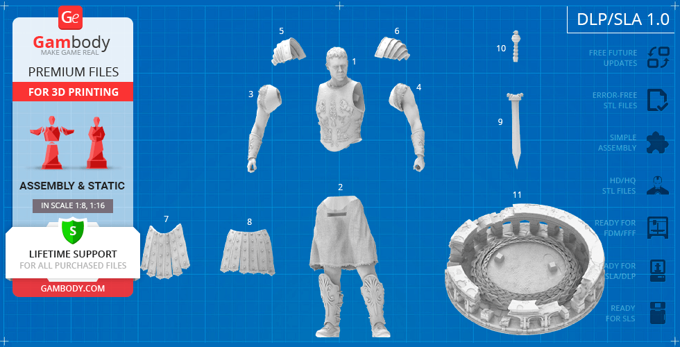 3D model parts of a gladiator figure and arena for assembly and printing.