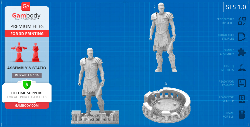 A 3D printable Gladiator figure and arena model with detailed armor and a circular base.