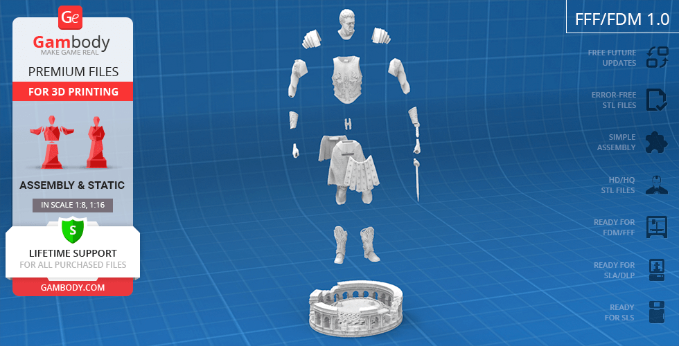 3D Gladiator Maximus model parts for printing, including armor and weapons, displayed on a blue grid background.