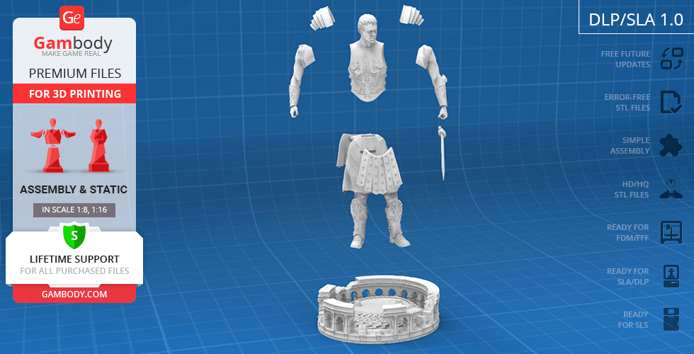 A disassembled 3D model of a gladiator with armor and sword, and a partial arena base, ready for 3D printing.