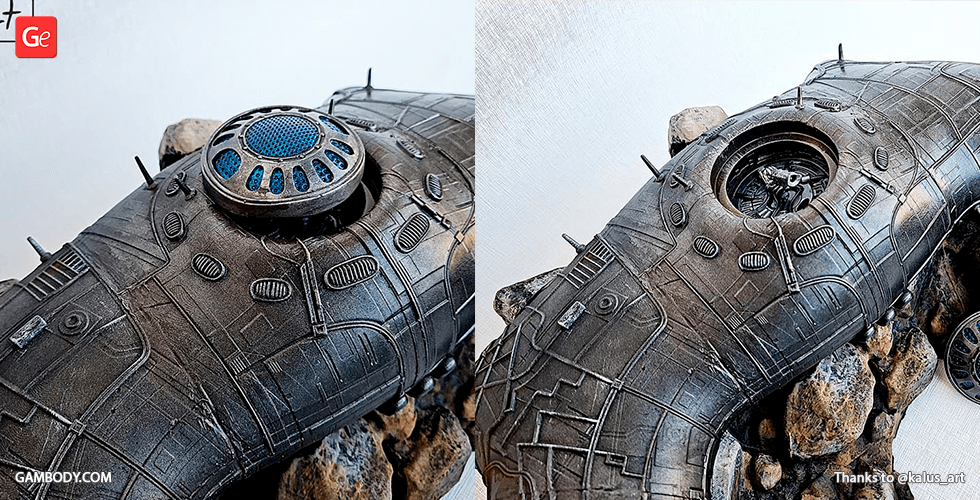 A detailed 3D model of a futuristic spaceship with intricate surface designs, mounted on a rocky base.