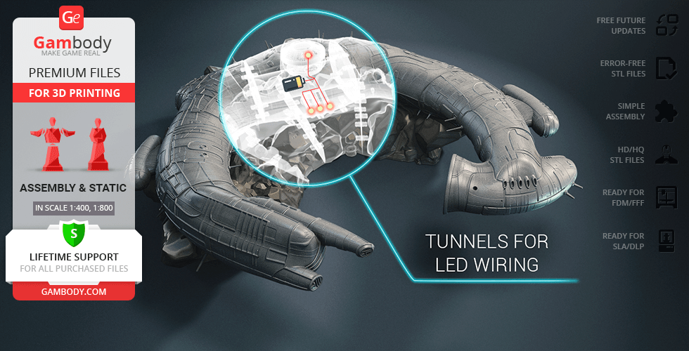 Detailed 3D model of a mechanical structure with tunnels for LED wiring, ready for 3D printing.