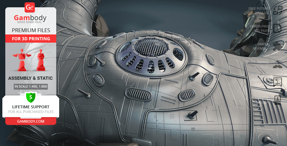 Detailed sci-fi 3D model surface with intricate mechanical textures and circular elements for printing.