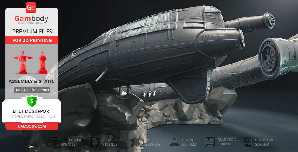 Futuristic spacecraft model on rocky base, designed for 3D printing with detailed textures and assembly options.