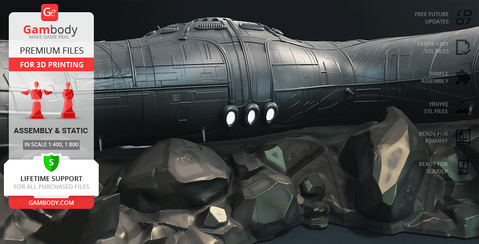 A detailed spaceship model with rocky base for 3D printing, featured on Gambody for premium STL files.