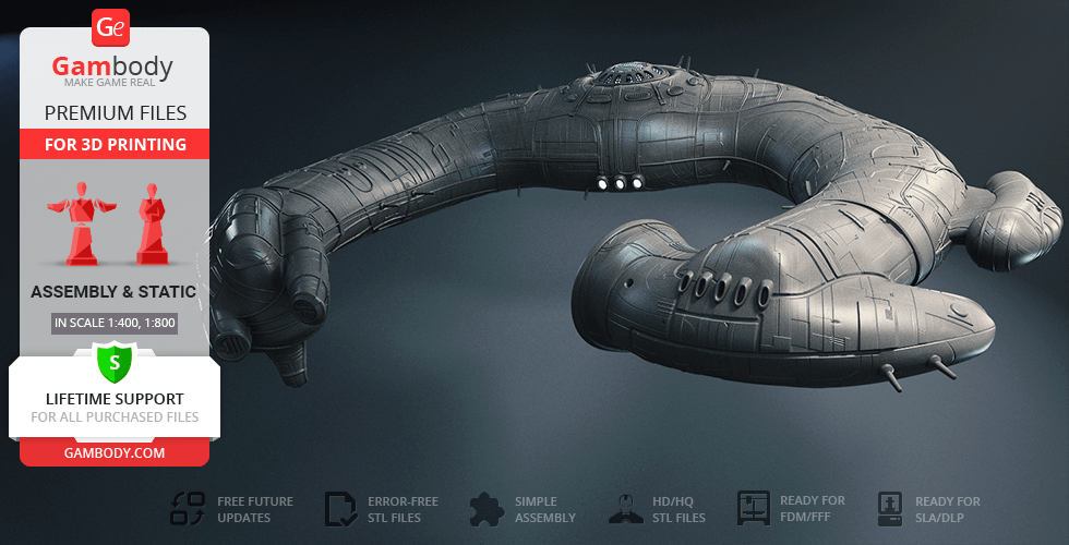 A detailed, curved spaceship model designed for 3D printing, featuring intricate surface details.