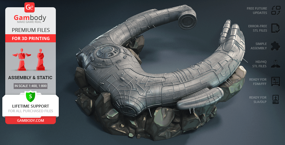 Futuristic, crescent-shaped spaceship model on rocky base, designed for 3D printing.