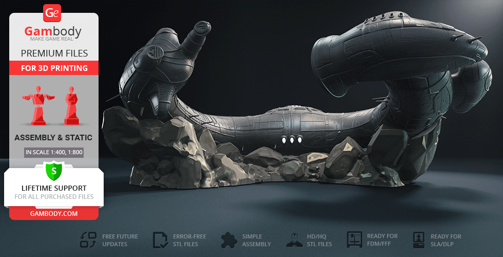 Futuristic, curved spaceship model on rocky terrain, suitable for 3D printing.