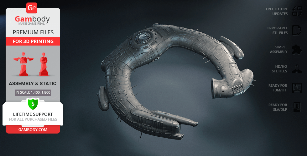 Futuristic spaceship model with a curved design, available as STL files for 3D printing.