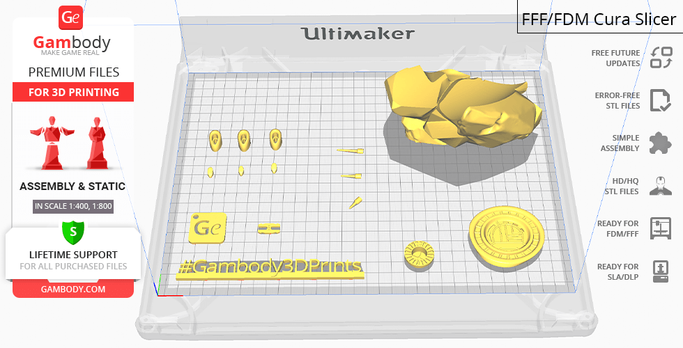 3D printing layout showing 'Engineer Juggernaut' parts and a logo on a grid in Cura Slicer software.