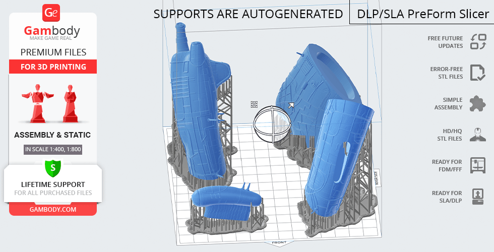 3D model of an Engineer Juggernaut in blue with supports, ready for printing on Gambody platform.