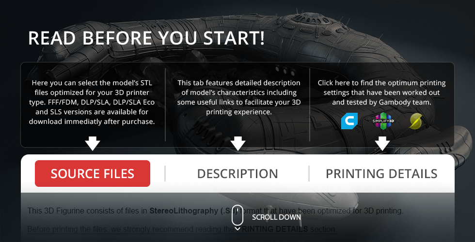 Image with instructions for downloading STL files optimized for 3D printing from Gambody.