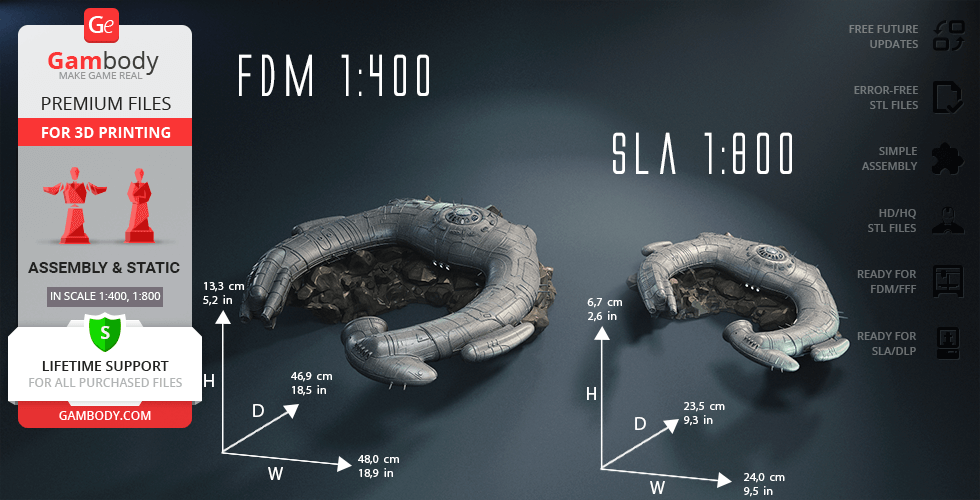 Two detailed sci-fi mechanical gauntlets for 3D printing, shown in different scales and dimensions.