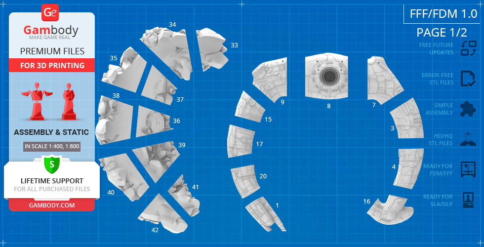 3D printing layout of Engineer Juggernaut model parts on a blue grid background.