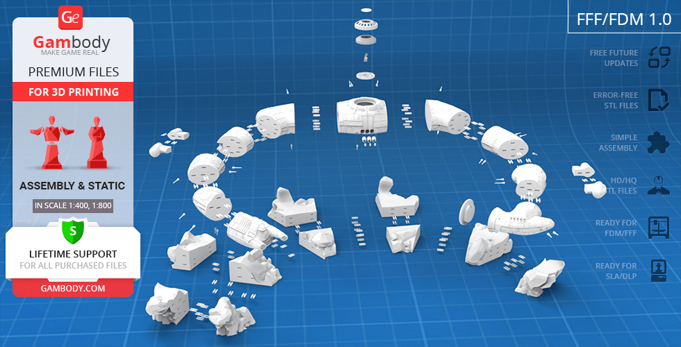 Exploded view of 3D printable Engineer Juggernaut model parts on a blueprint background.