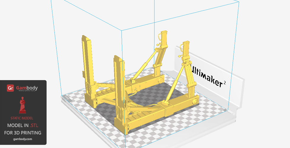 3D model of a yellow Tesla Power Armor frame in Ultimaker printer software.