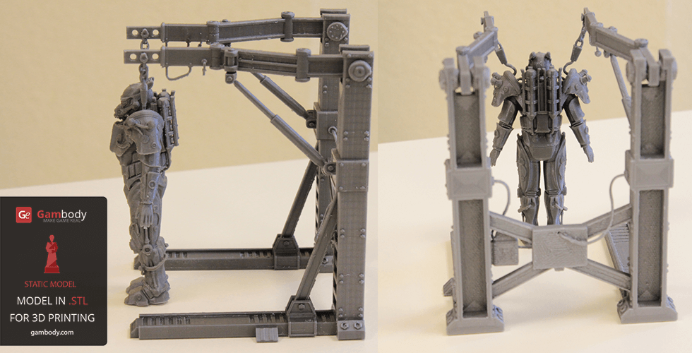 A detailed 3D model of Tesla Power Armor from Fallout, displayed on a stand, designed for 3D printing.