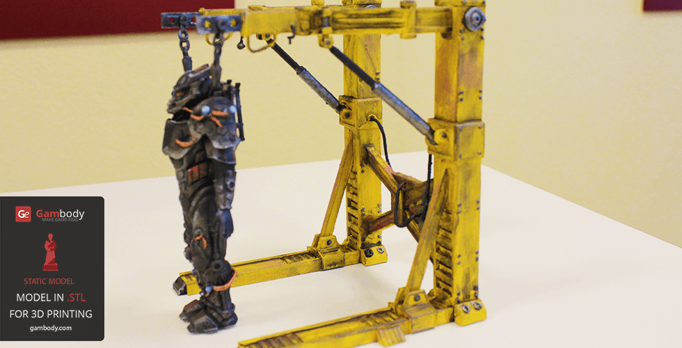 A detailed 3D model of a Tesla Power Armor in a yellow repair frame from Fallout, ready for 3D printing.