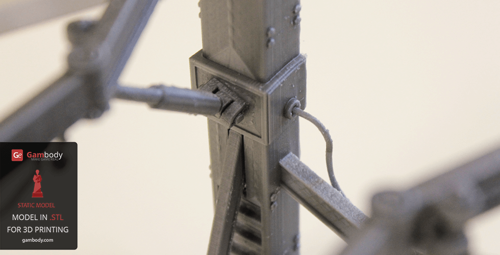 Close-up of a 3D printed mechanical structure with cables, for Tesla Power Armor from Fallout.